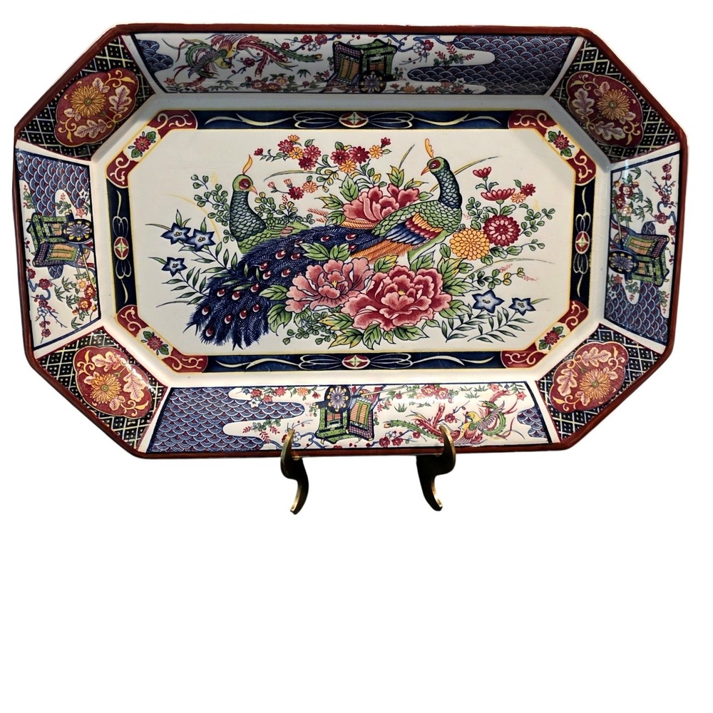 Vintage Japanese Imari Peacock Peony Octagonal Porcelain Serving Platter 16"